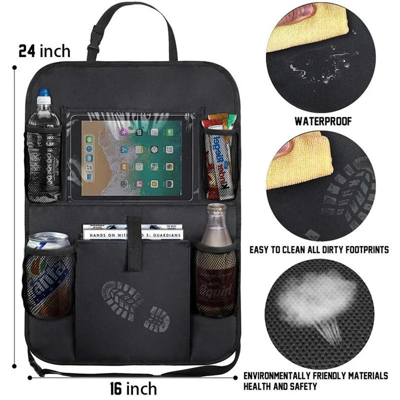 Auto Back Seat Organizer with Touch Screen Tablet Holder Car Backseat Protector Kick Mats Travel Storage Bag for Kids Children-6
